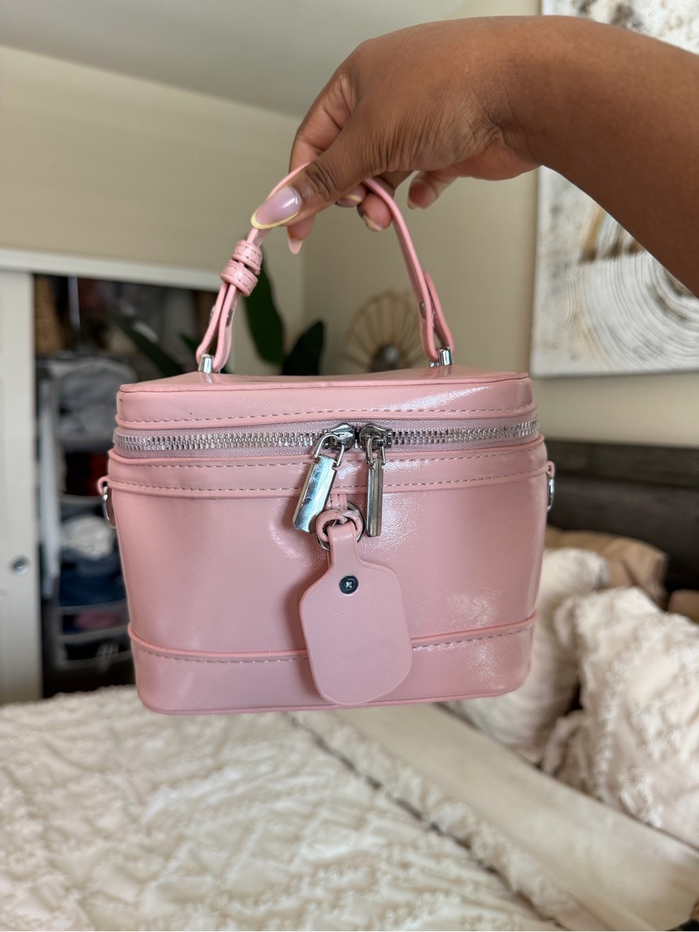 Women's Pink Top-Handle Cosmetic Case Bag